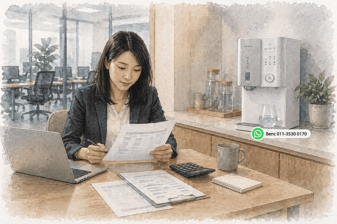 Business buyer comparing outright and rental water purifier options in Malaysia